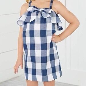 Mud Pie Girls Navy Blue White Buffalo Check Ruffle Cross Strap Dress size 5T